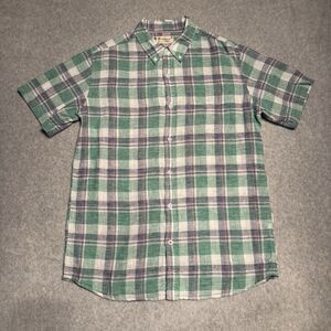 Weatherproof Vintage Casual Short Sleeve Shirt Medium Green Plaid Linen Button
